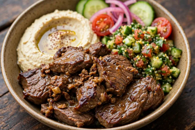 Baharat beef with hummus, tabouleh, and pine nuts