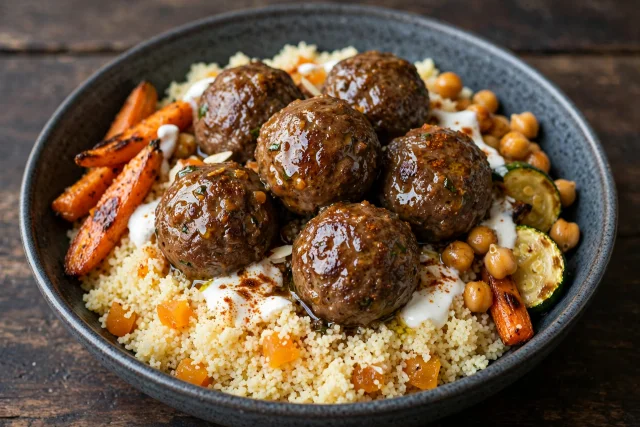 Moroccan meatballs over apricot couscous with harissa yogurt