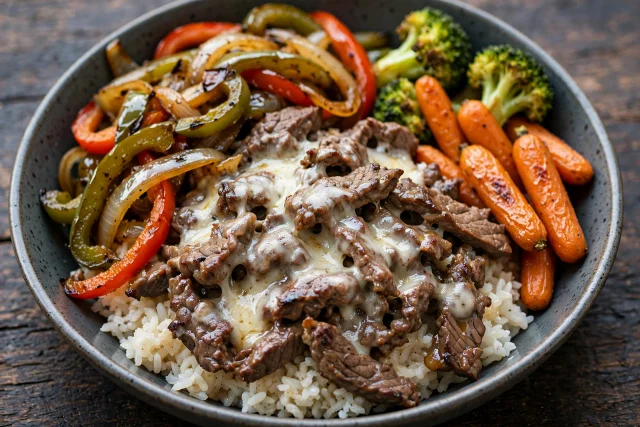 Philly cheesesteak bowl with shaved beef and melted provolone
