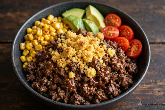 Smoky barbecue beef with cornbread crumble and cabbage slaw