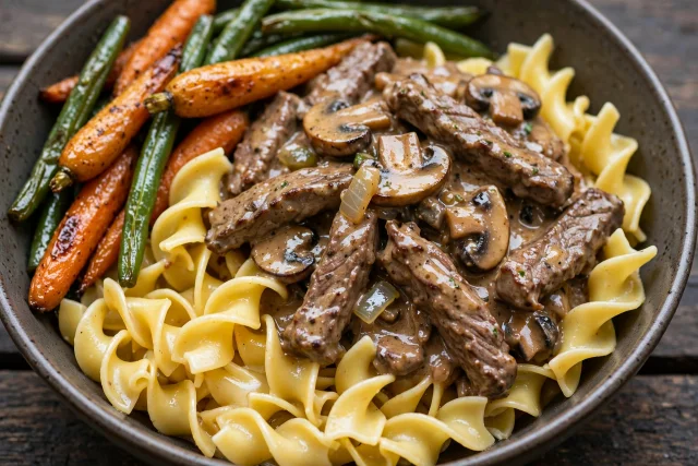 Stroganoff beef and egg noodles with mushrooms and sour cream