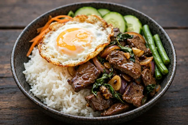 Thai basil beef with jasmine rice, fried egg, and cucumber