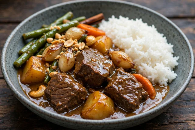 Massaman curry with coconut rice, potatoes, and peanuts