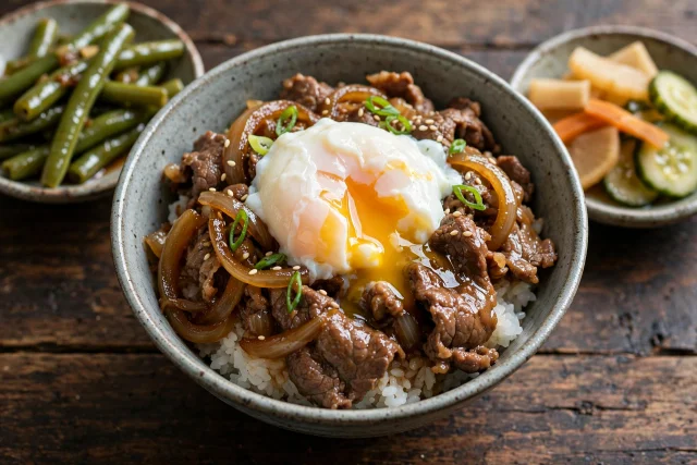 Gyudon beef and onion over rice with a soft egg