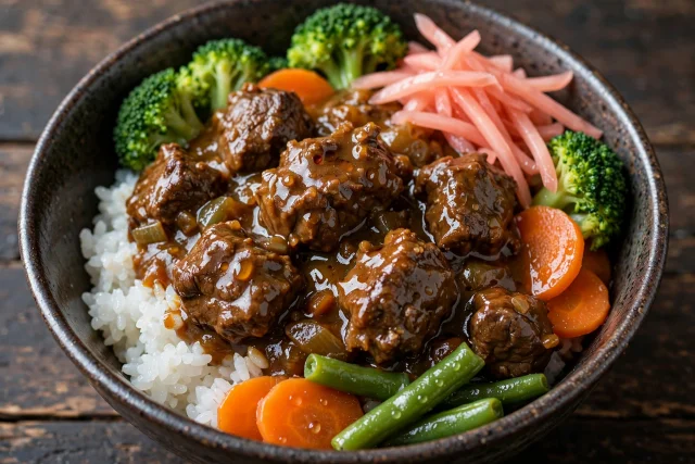 Japanese curry with rice, carrots, potatoes, and pickled ginger