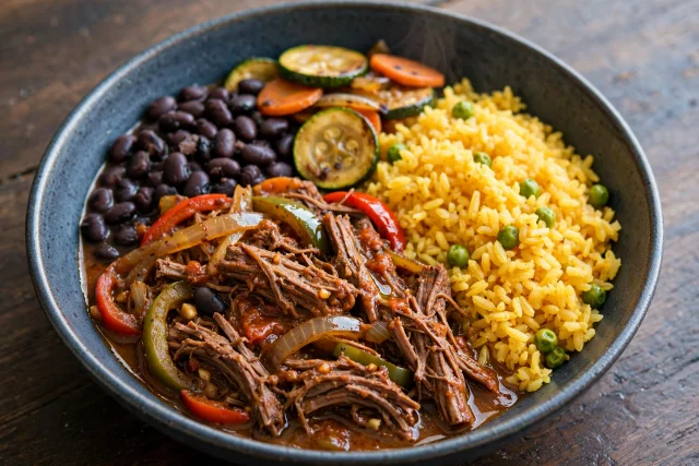 Ropa vieja with yellow rice, black beans, and plantains