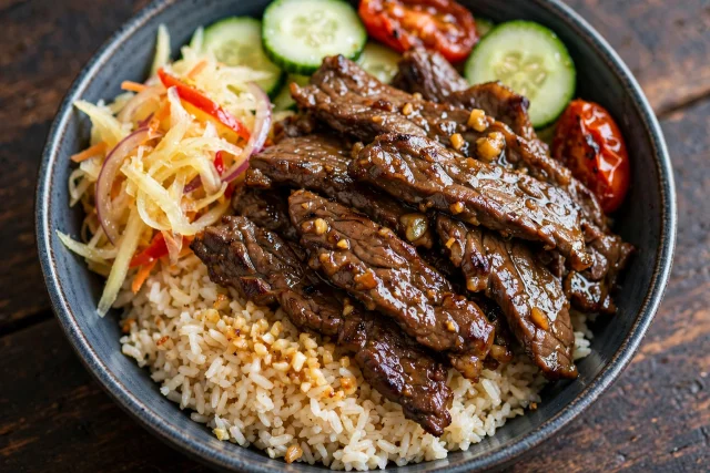 Beef tapa with garlic rice, fried egg, and atchara