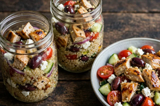 Greek chicken and quinoa salad layered in a glass jar with feta and olives