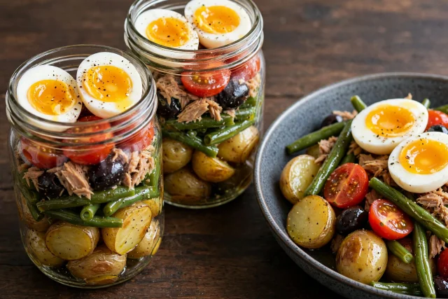 Tuna Nicoise salad jar with soft eggs, green beans, and olives