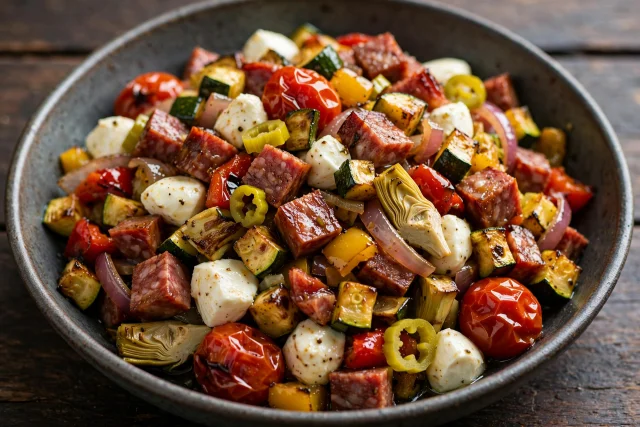 Italian chopped salad with salami, mozzarella pearls, and pepperoncini
