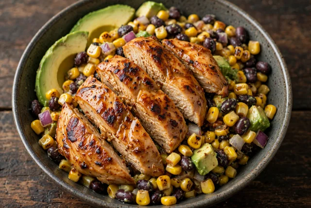 Mexican chicken salad with charred corn, black beans, and cotija