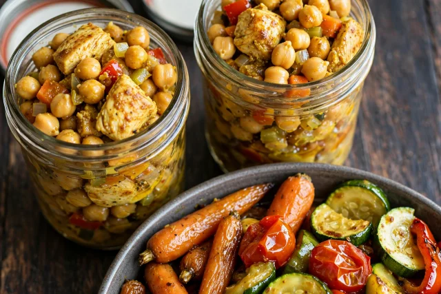 Curried chicken and chickpea salad in a jar with golden raisins