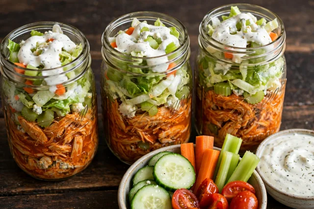 Buffalo chicken salad jar with celery, carrots, and yogurt ranch