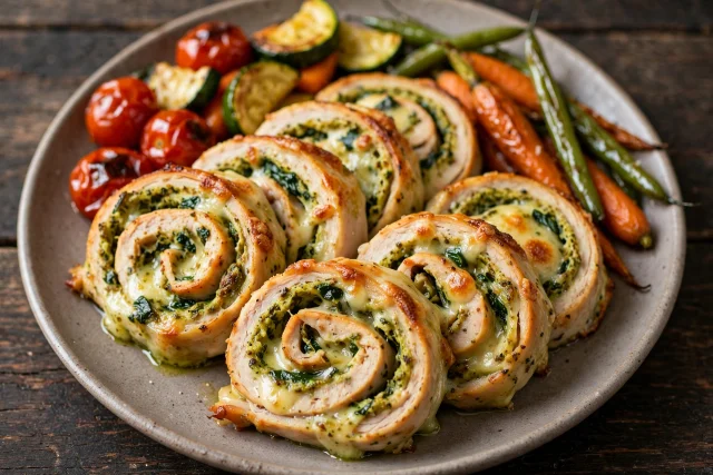 Turkey pesto pinwheels wrapped in parchment with spinach and provolone