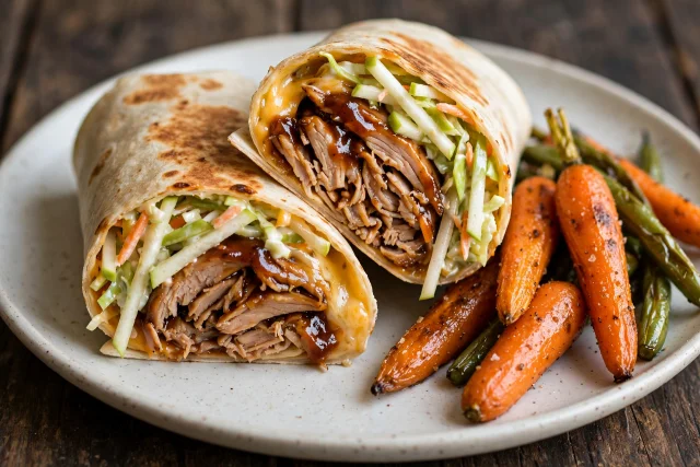 BBQ turkey wrap with cheddar and crisp apple slaw in foil