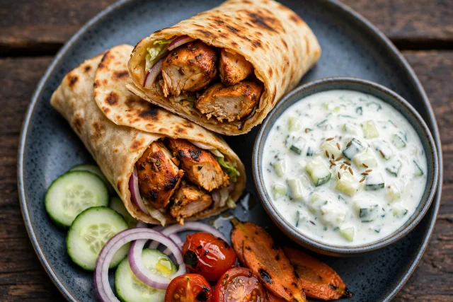 Tandoori chicken wrap with cucumber raita and shredded lettuce