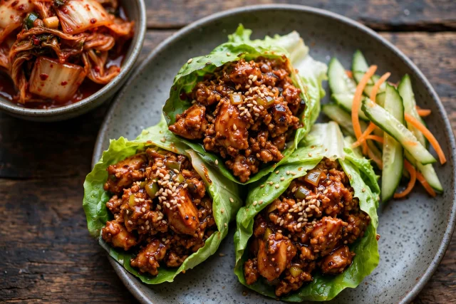 Gochujang turkey lettuce wraps with pickled carrots and cucumber