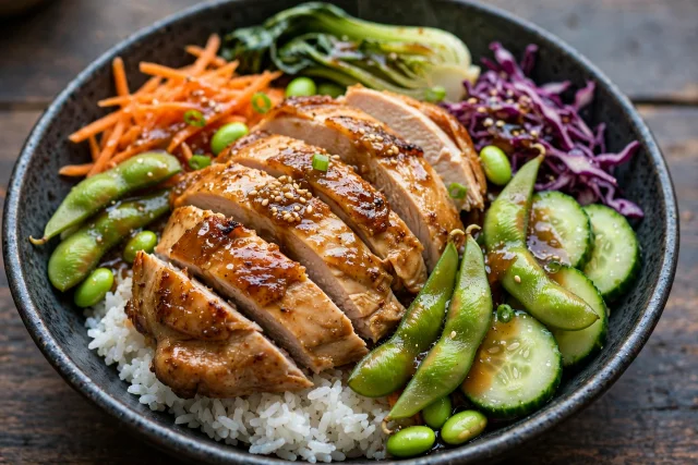 Miso ginger turkey rice bowl with edamame and shredded carrots