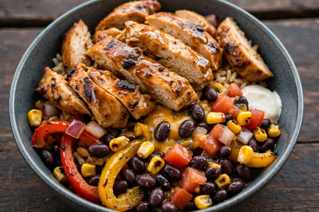 Chipotle chicken bowl with black beans, corn, and cilantro lime rice
