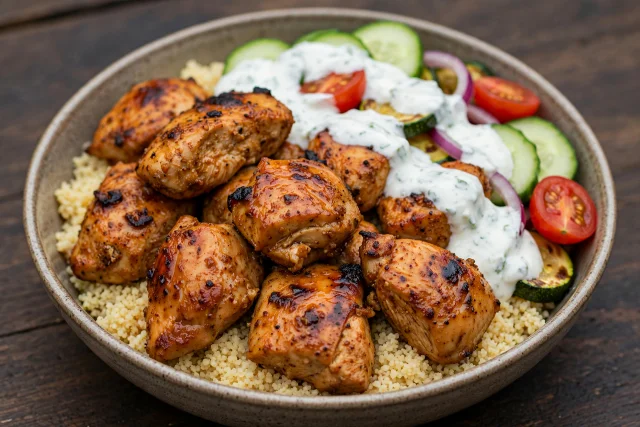 Chicken tikka couscous bowl with cucumber and mint yogurt