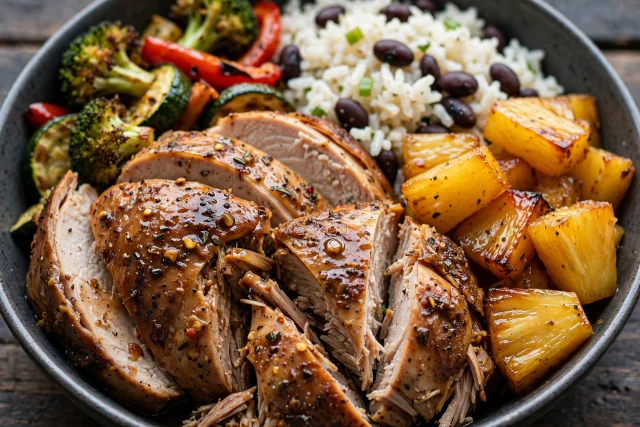 Jerk turkey bowl with charred pineapple, rice, and cabbage