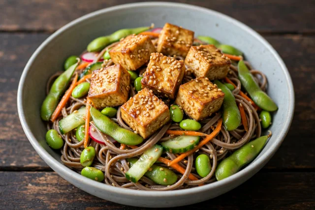 Sesame tofu soba salad with edamame, cucumber, and scallions