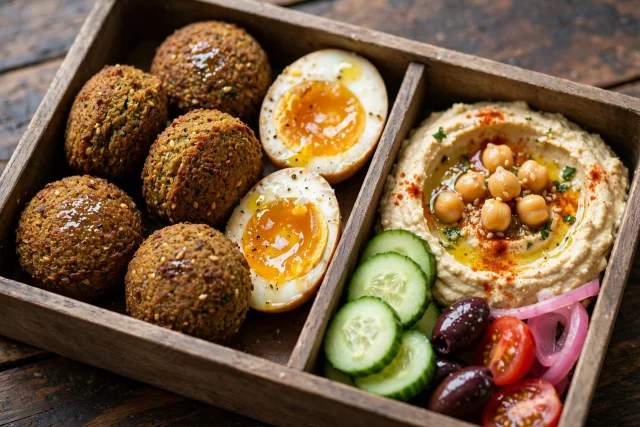 Falafel mezze lunch box with eggs, hummus, cucumber, and tomatoes