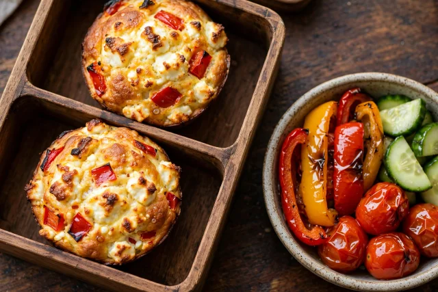 Egg and feta muffins with roasted red peppers and cucumber salad