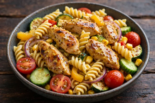 Honey mustard chicken pasta salad with peas and cherry tomatoes