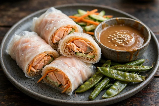 Salmon rice paper rolls with herbs and peanut dipping sauce