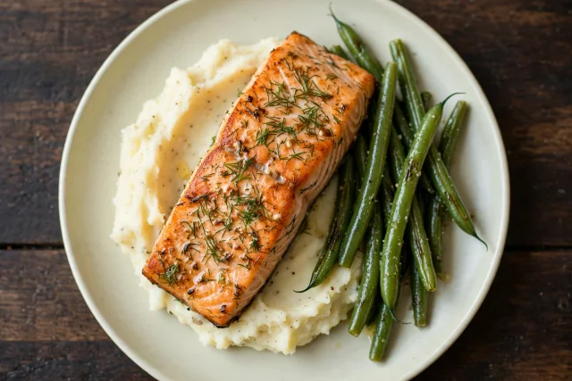 Herb salmon with potato and green beans