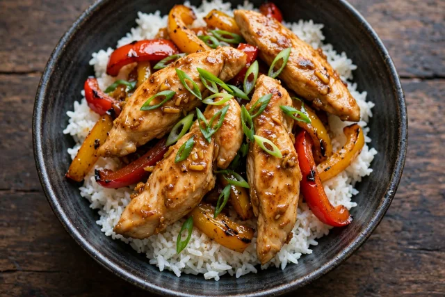 Ginger chicken stir fry with rice