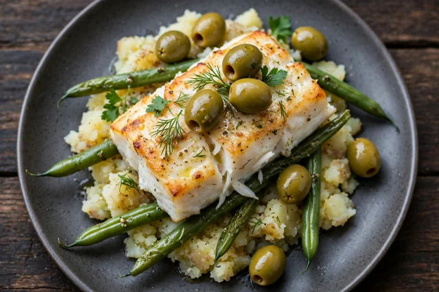 Baked cod with olives and potato