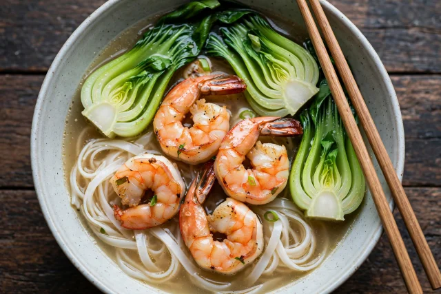 Shrimp with rice noodles and bok choy