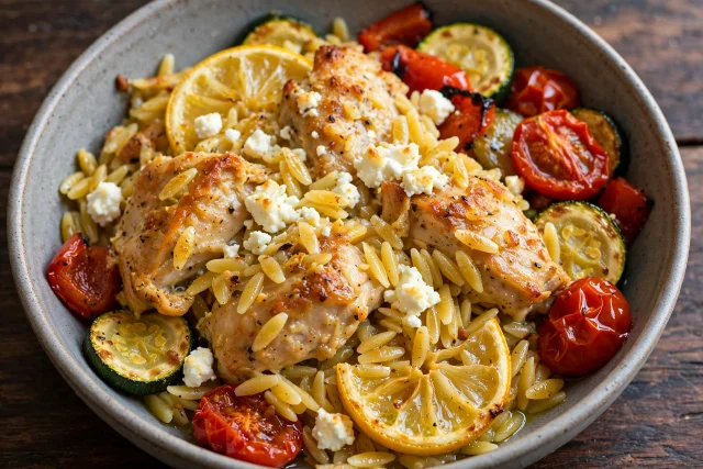 Greek chicken orzo bake with lemon wedges and crumbled feta