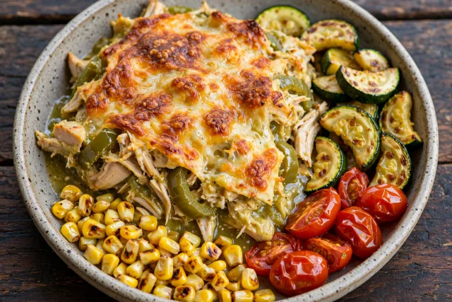 Green chile chicken tortilla bake with melted cheese and cilantro