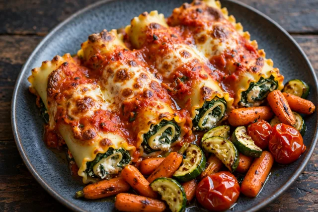 Spinach and ricotta lasagna roll-ups in marinara sauce
