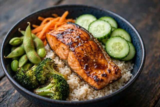 Miso salmon rice bowl with cucumber and sesame seeds
