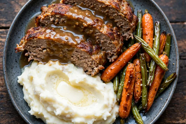 Turkey meatloaf slices with buttermilk mashed potatoes and green beans
