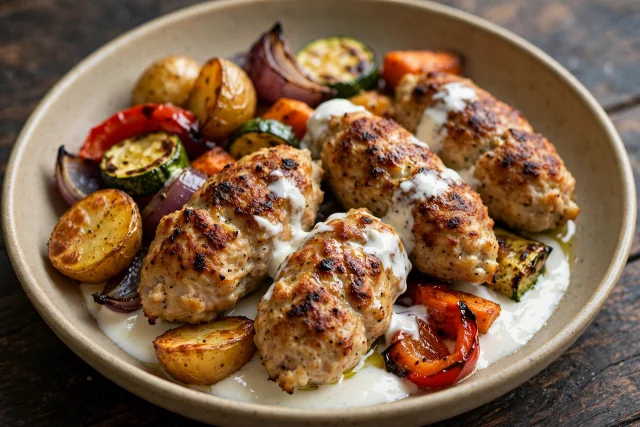 Chicken kofta with roasted peppers and yogurt sauce