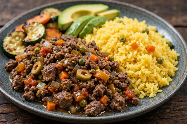 Cuban picadillo with yellow rice and olives