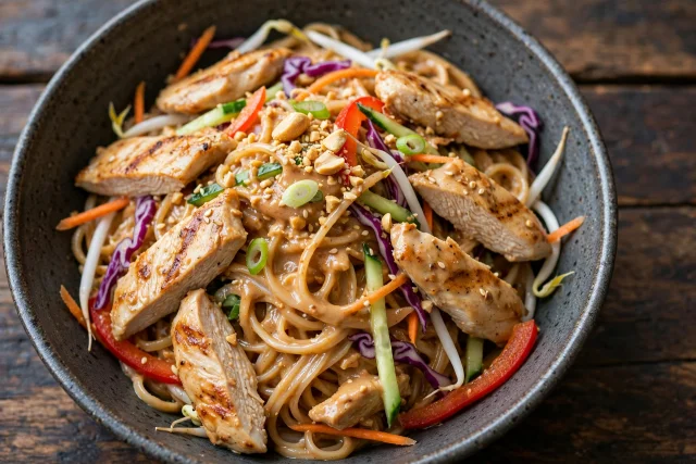 Thai peanut chicken noodle salad with shredded cabbage
