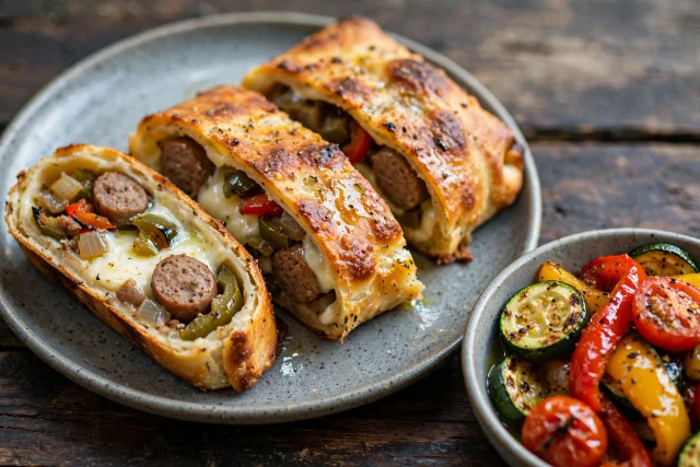 Sausage and pepper stromboli sliced on a board