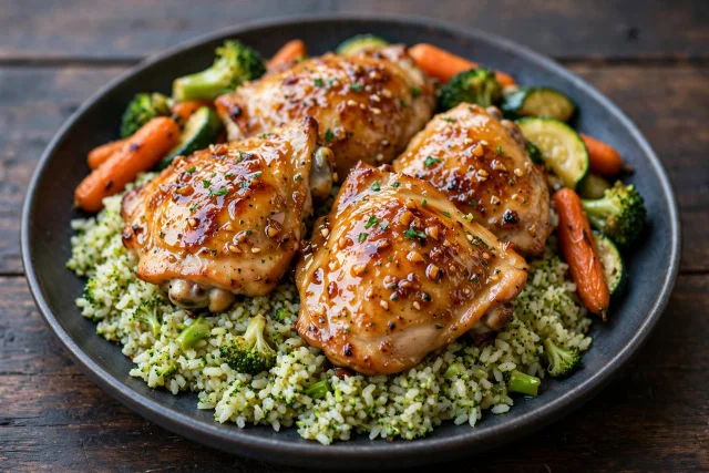 Honey garlic chicken thighs with broccoli rice