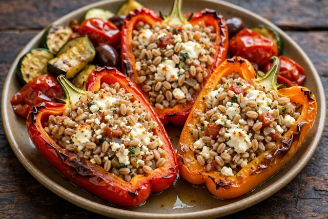 Mediterranean stuffed peppers with farro and feta