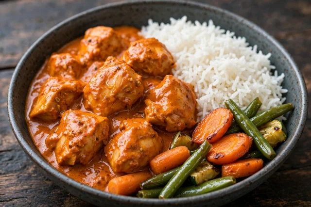 Butter chicken with basmati rice and cilantro