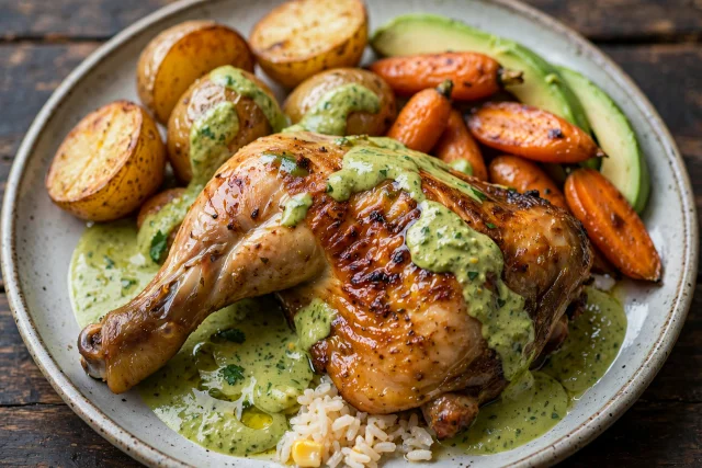 Peruvian chicken with green sauce and roasted potatoes