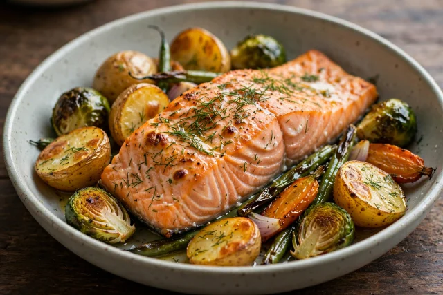 Nordic salmon and potato traybake with dill