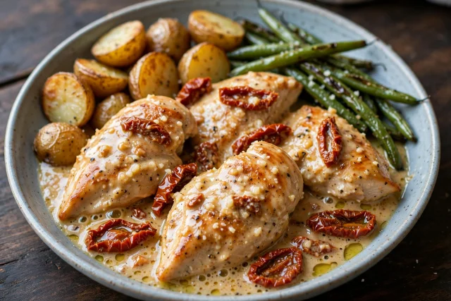 Classic skillet chicken breasts with sun dried tomatoes and parmesan cream