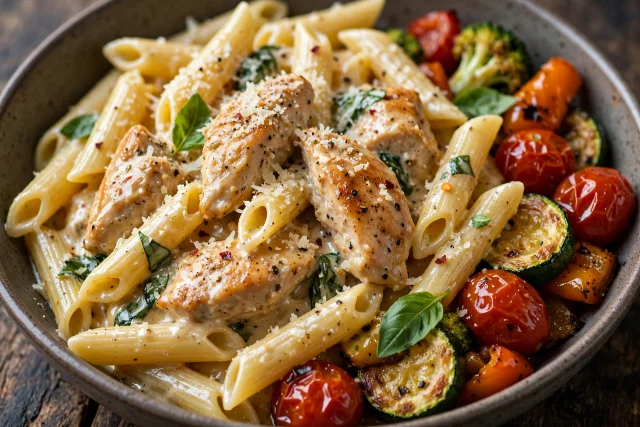 Penne tossed with chicken pieces, basil, and grated Parmesan